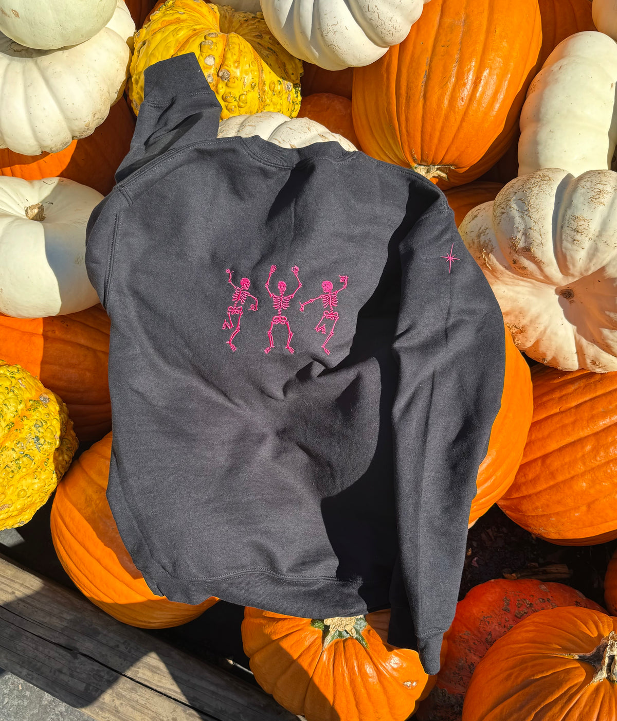 Embroidered Crew Neck Sweatshirt - Dancing Skeletons/Peace Hand