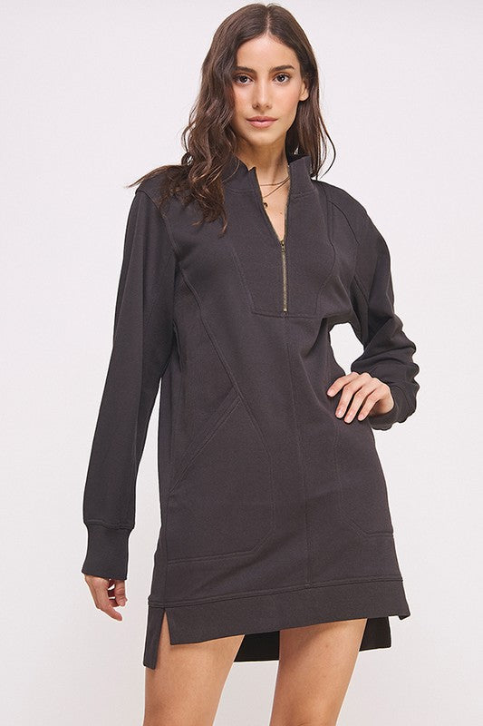 Long Sleeve Contrast Fabric Zippered Short Dress
