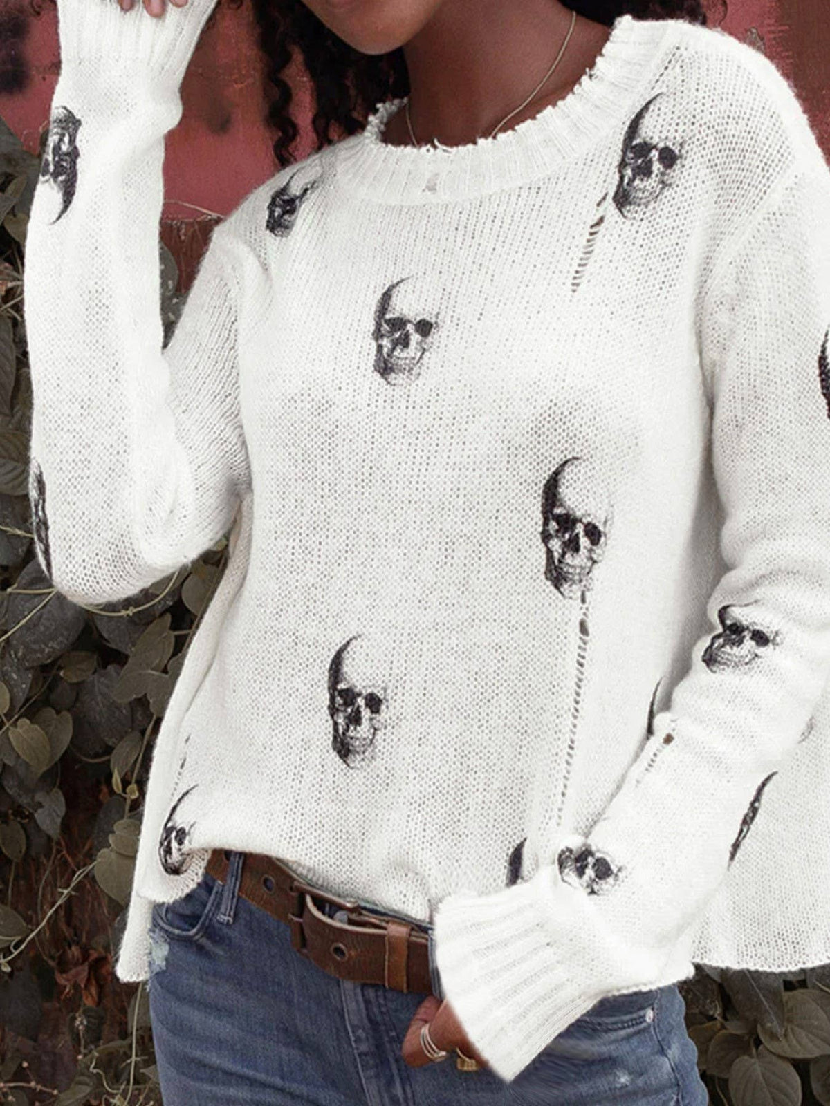 Halloween White/Black Skull Print Crew Lightweight Sweater