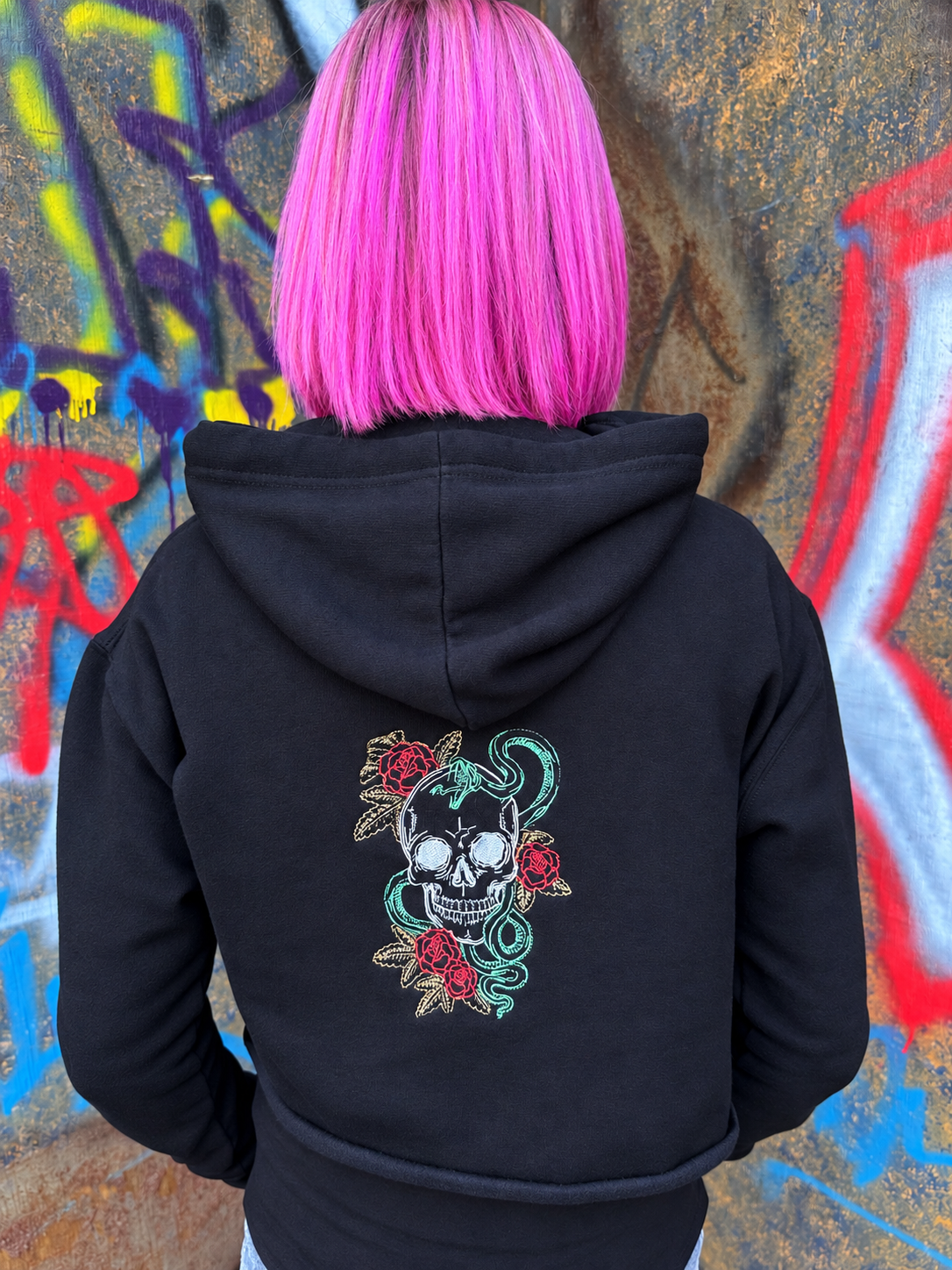 Embroidered Cropped Hoodie - Skull & Snake 