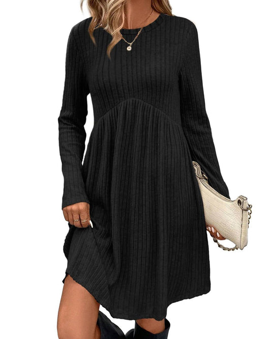 Casual Solid Empire Waist Ribbed Knit Long Sleeve Dress