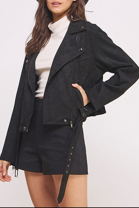 Belted Long Sleeve Zippered Suede Moto Jacket
