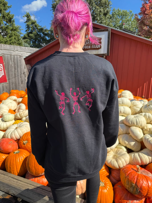 Embroidered Crew Neck Sweatshirt - Dancing Skeletons/Peace Hand