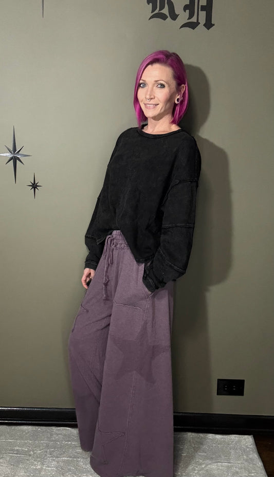 Mineral Wash Star Patch And Print Wide Leg Pants