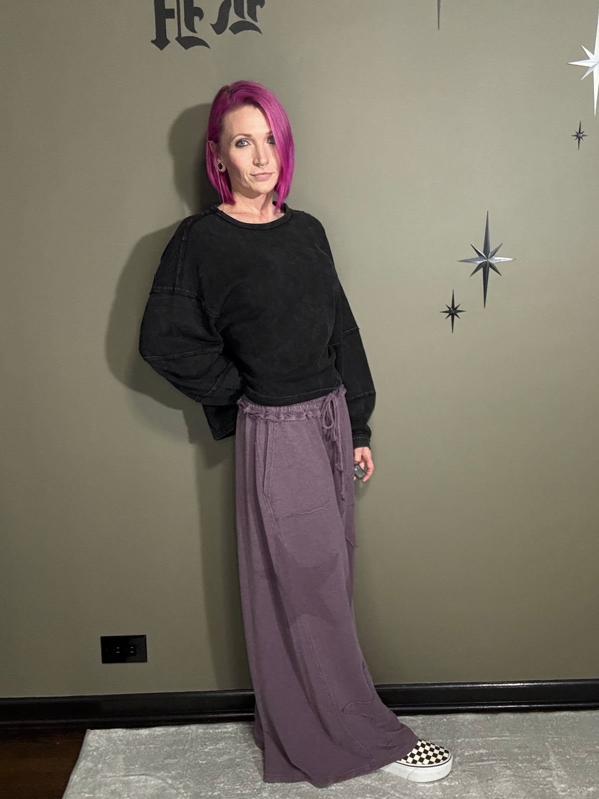 Mineral Wash Star Patch And Print Wide Leg Pants