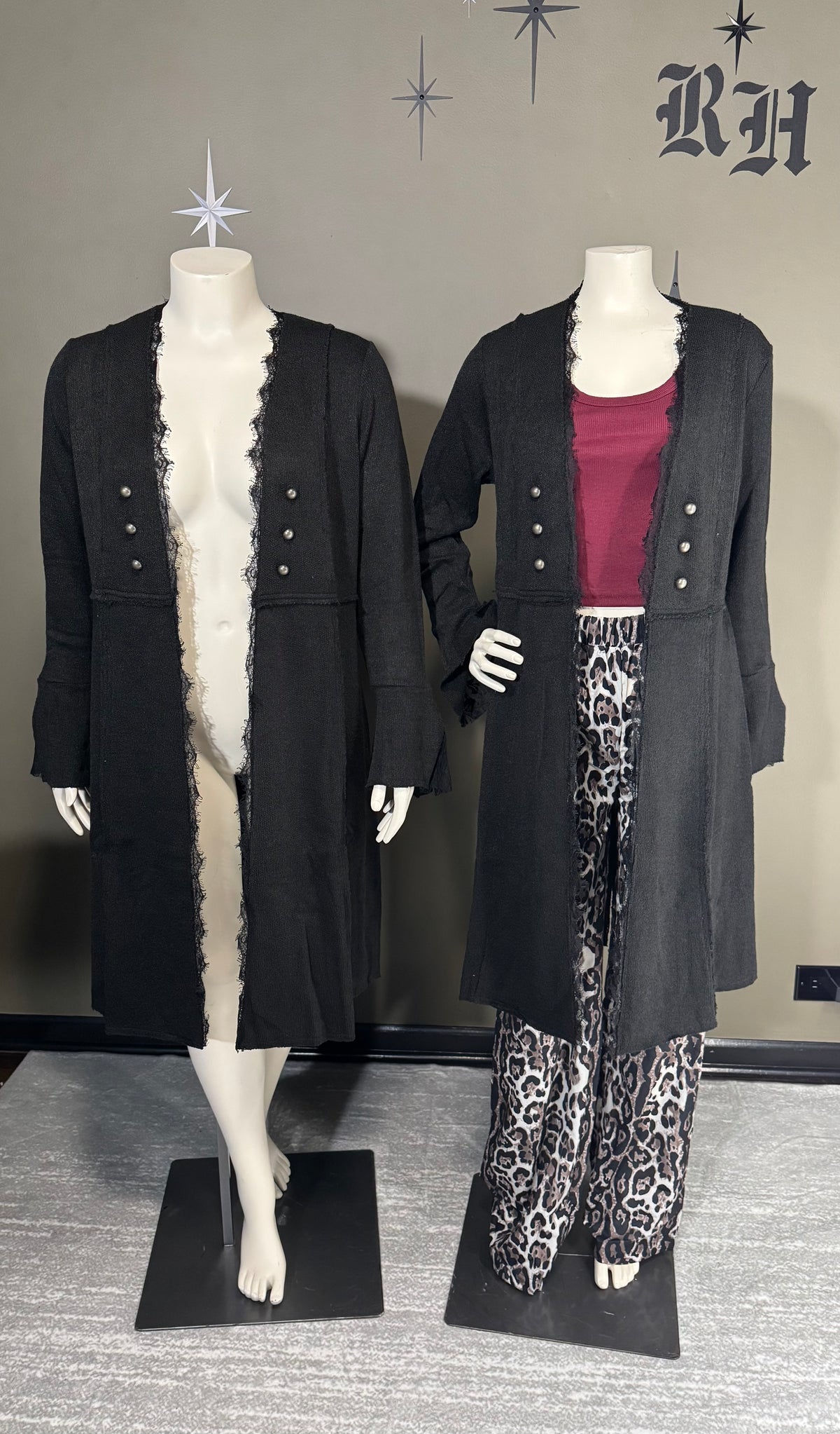 Lace Trim, Button-Detail Longline Cardigan/Jacket