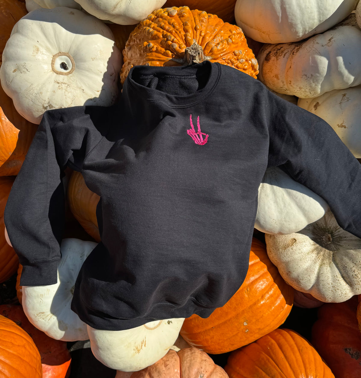 Embroidered Crew Neck Sweatshirt - Dancing Skeletons/Peace Hand