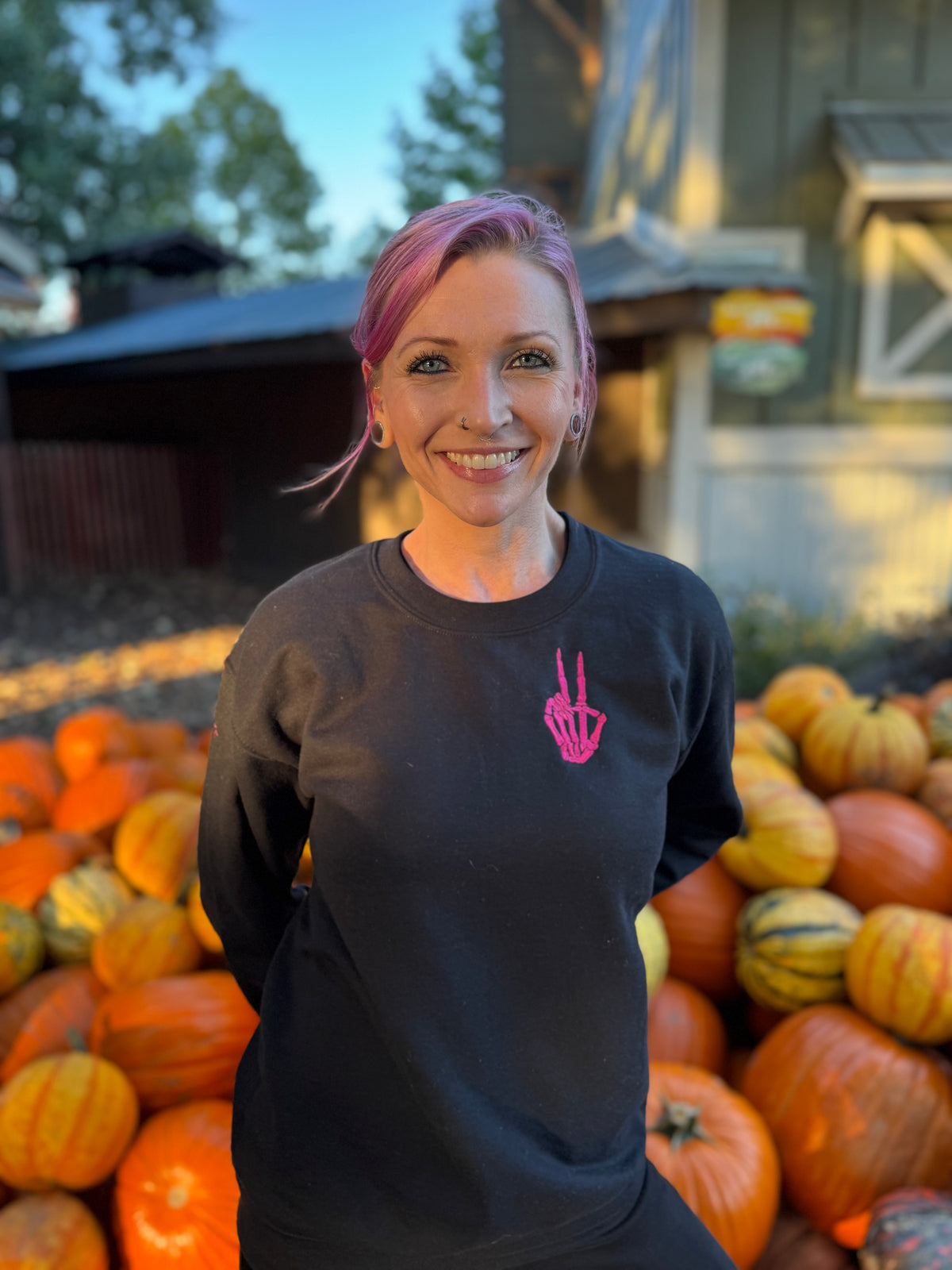 Embroidered Crew Neck Sweatshirt - Dancing Skeletons/Peace Hand