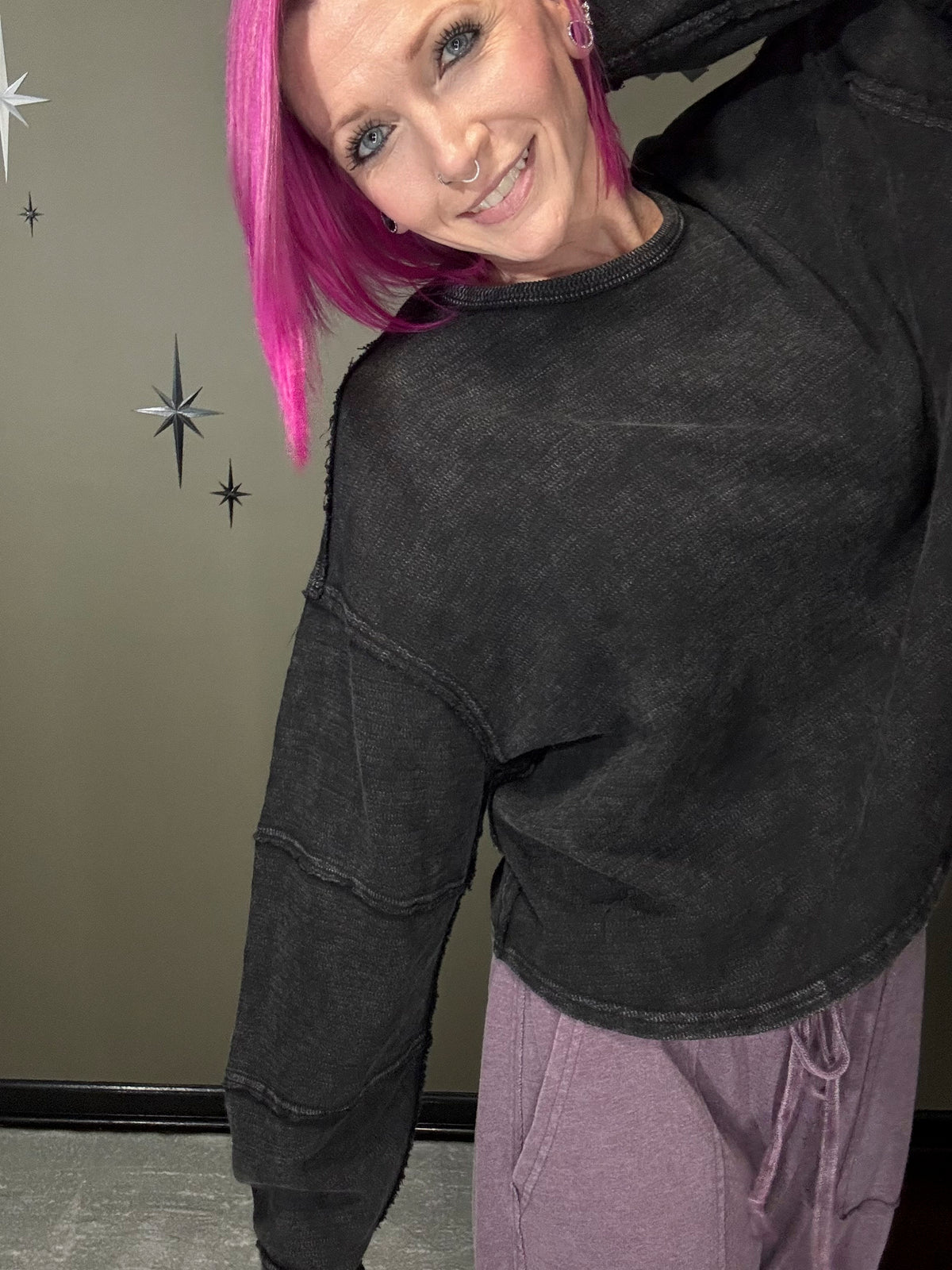 Mineral Wash Overzised Raw Edge Crew Neck Top