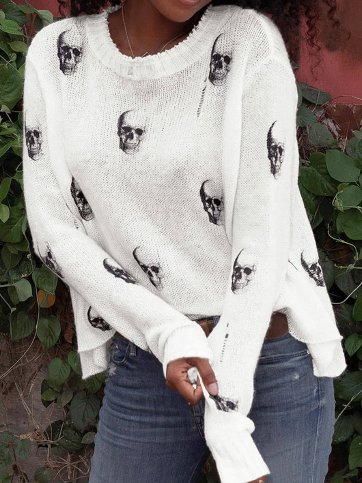 Halloween White/Black Skull Print Crew Lightweight Sweater