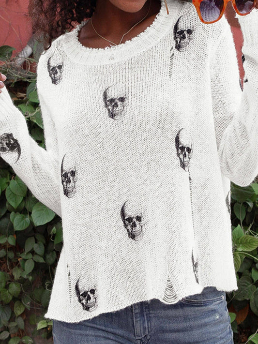 Halloween White/Black Skull Print Crew Lightweight Sweater